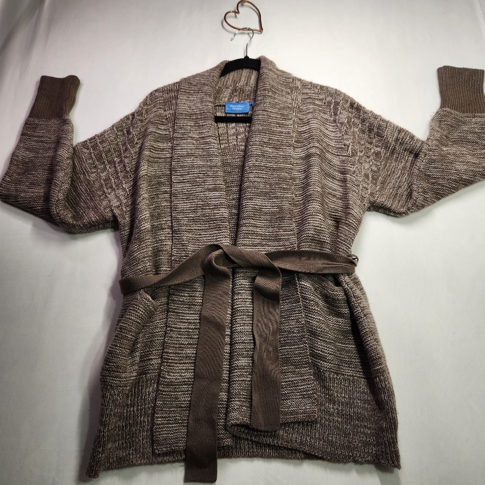 ⭐️Simply Vera Vera Wang Brown Marled Knit Cardigan Open Front Belted Medium Cozy